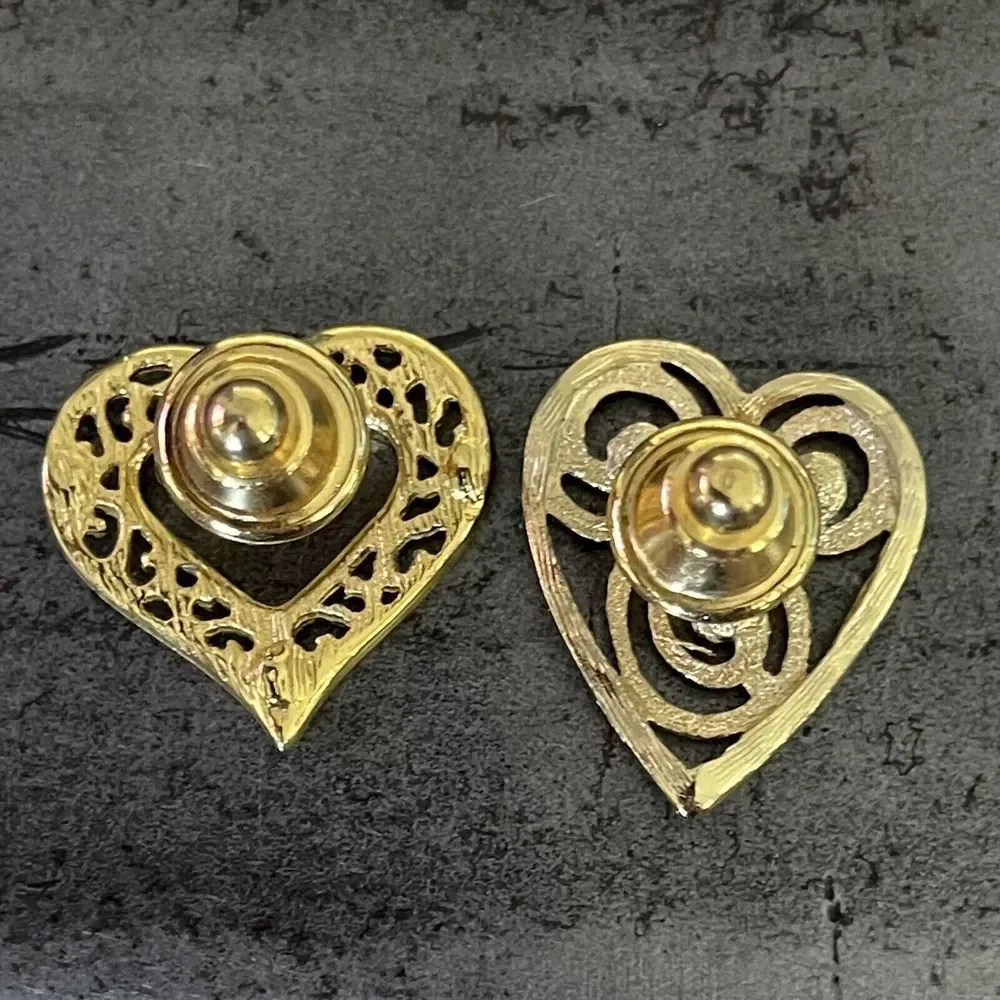 Vintage Lot Of 2 Gold Tone Filigree Romantic Rhinestone Heart Tack Pin Lapel